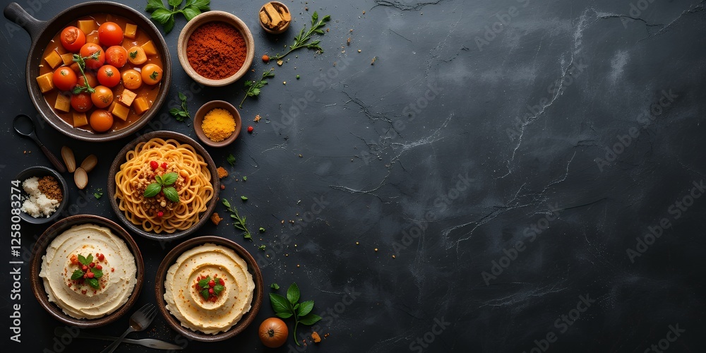 Culinary Symphony: A Delicious Assortment of Gourmet Dishes on Dark Surface Culinary Symphony: A Delicious Assortment of Gourmet Dishes on Dark Surface