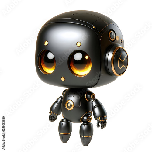 Cute 3D Black Robot AI with Golden Eyes and Side View isolated on white background