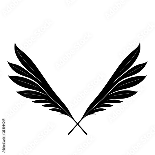 Black ink crossed feather design against white, minimalist artwork, symmetrical wings, symbolic elegance.