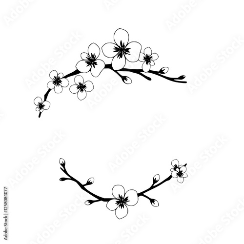 "Floral Elegance: Cherry Blossom-esque Design of a Circle Wreath with Black Outline on White"