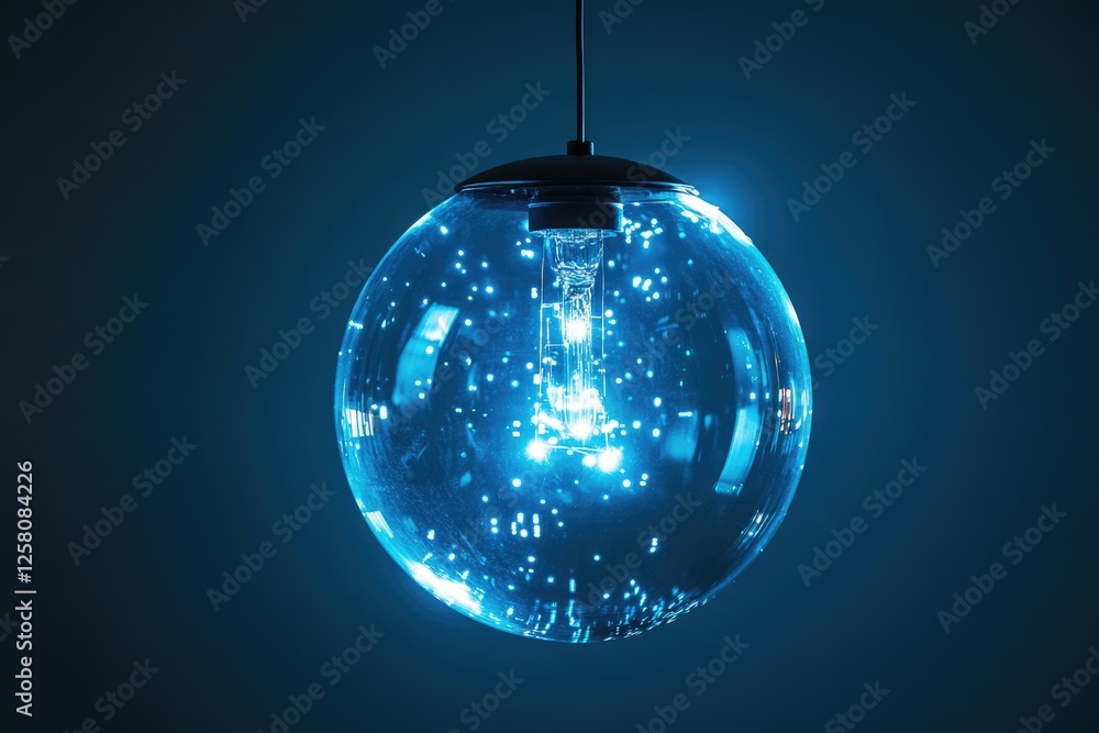 Obraz premium A glowing spherical pendant light fixture illuminates with a cool blue hue, creating a mesmerizing ambiance.