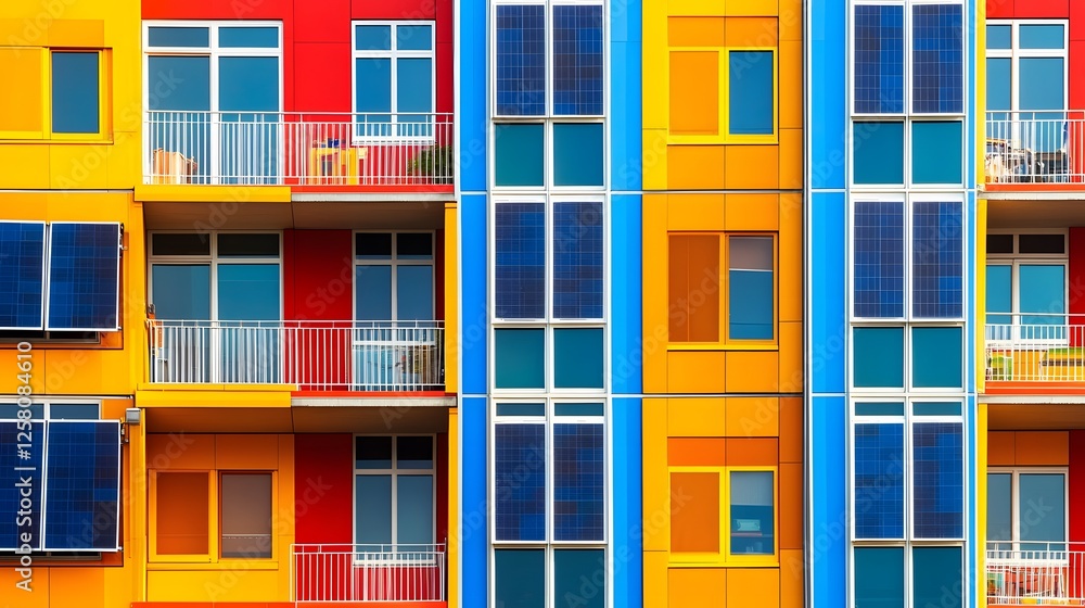 Obraz premium Colorful Modern Apartment Building with Solar Panels