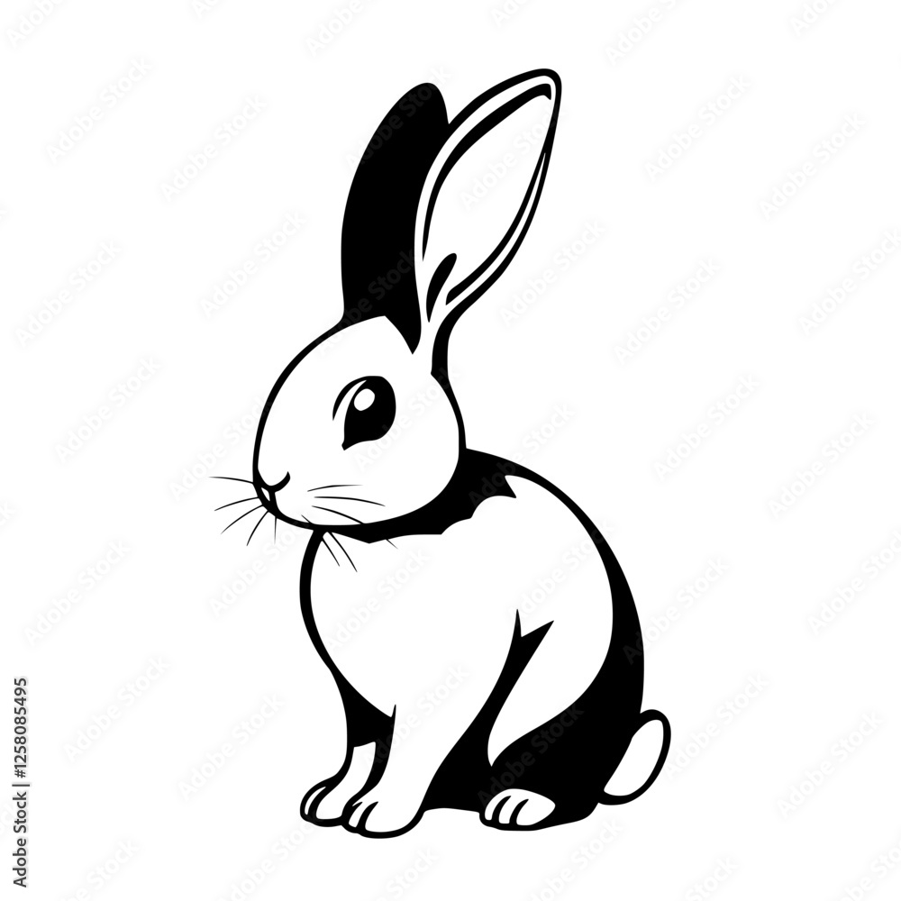 Monochrome illustration of a sitting rabbit, with white, black, and white background. Monochrome illustration of a sitting rabbit, with white, black, and white background.