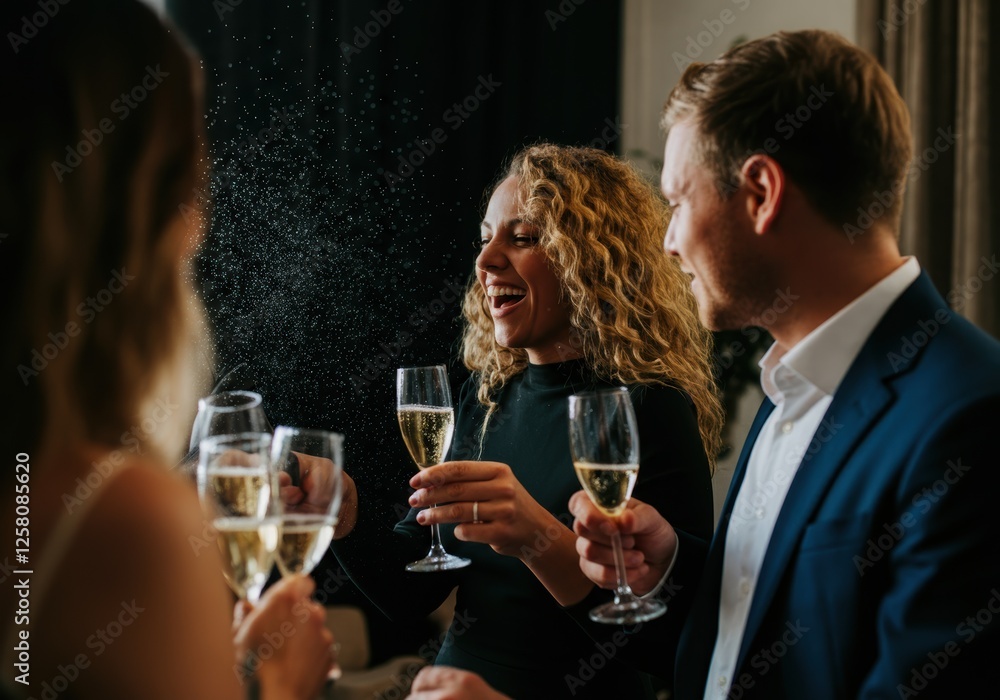 Celebrating friends with champagne in elegant setting Celebrating friends with champagne in elegant setting