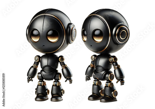 Cute 3D Black Robot AI with Golden Eyes and Side View isolated on white background