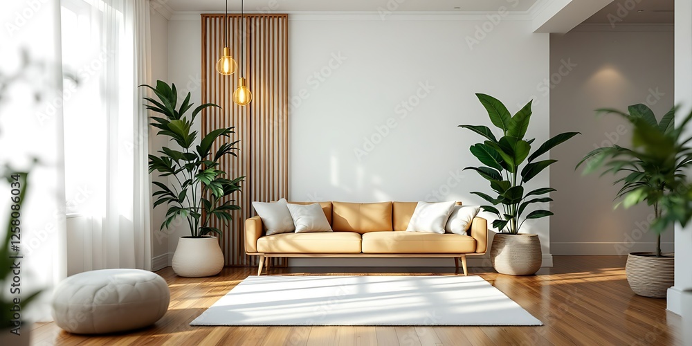 Fototapeta premium Sunny living room, tan couch, plants, hardwood floor, modern interior design
