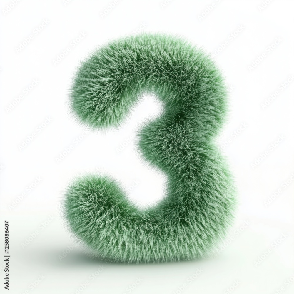 number 3 made of soft green fur on a white background, in a cute and simple style with clean design number 3 made of soft green fur on a white background, in a cute and simple style with clean design