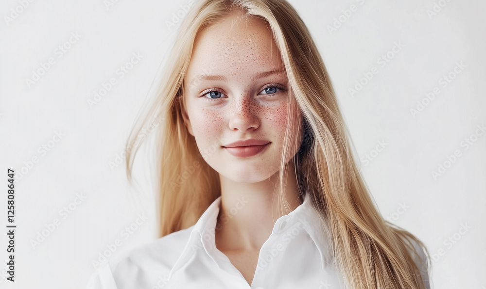 portrait of elegant pretty young blond woman in white clothes blouse smiling posing on white background, pretty cute candid beauty portrait, natural look, long hair portrait of elegant pretty young blond woman in white clothes blouse smiling posing on white background, pretty cute candid beauty portrait, natural look, long hair