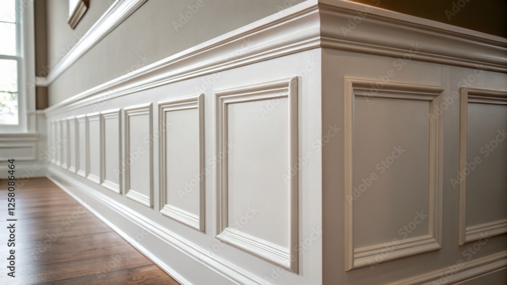 A medium closeup image focusing on decorative molding that tops the wainscoting emphasizing modern design elements that blend traditional craftsmanship with contemporary style. A medium closeup image focusing on decorative molding that tops the wainscoting emphasizing modern design elements that blend traditional craftsmanship with contemporary style.