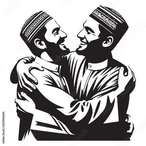 People embracing (Eid hugs) silhouette vector illustration.