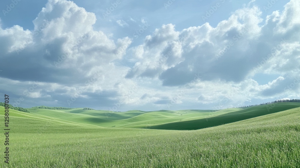Fototapeta premium Rolling green hills under a soft, cloudy sky, creating a peaceful and expansive natural landscape.