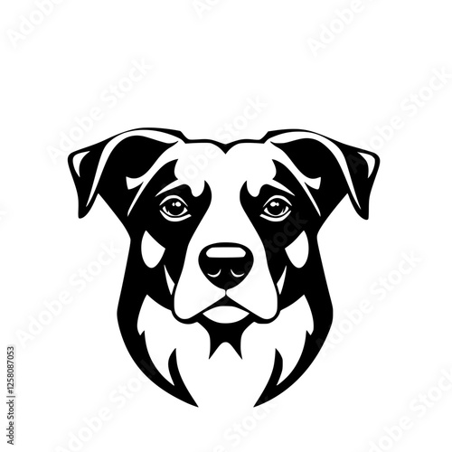 A sleek black and white illustration of a dog's head, depicting a canine in a minimalist style with stark contrast against a white background.