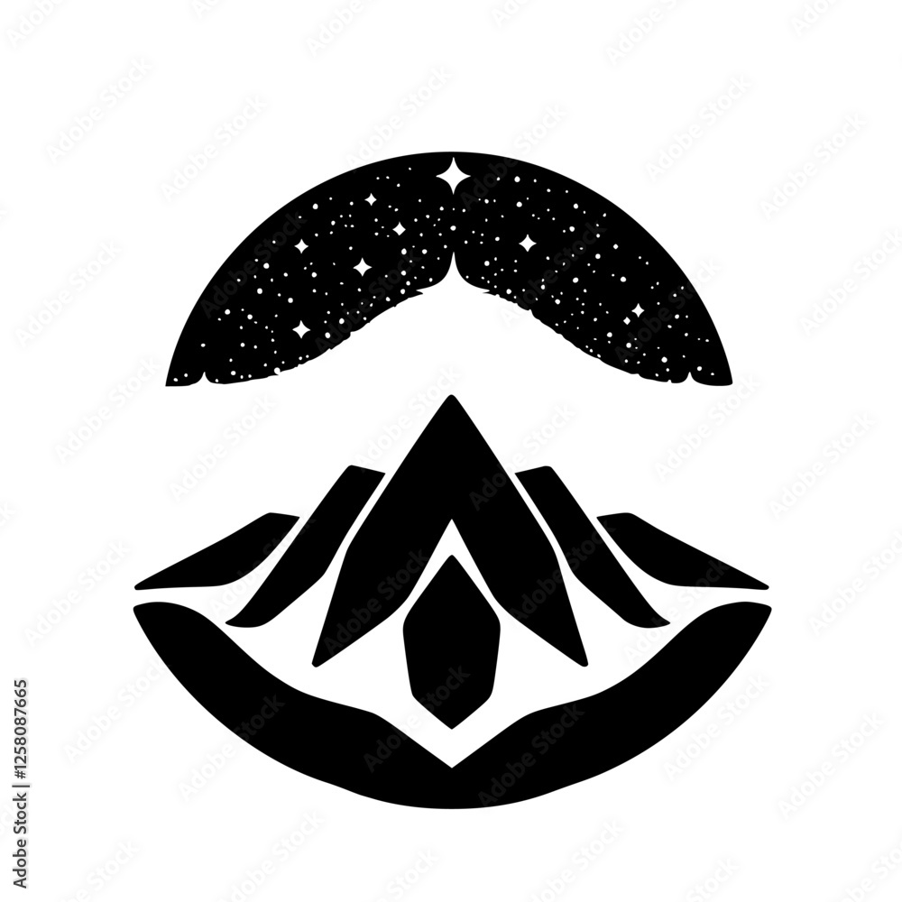 Mountain silhouette in black and white, under a star-filled sky, minimalist design, circle. Mountain silhouette in black and white, under a star-filled sky, minimalist design, circle.