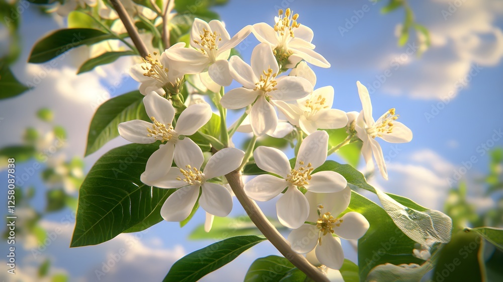 Obraz premium Serene Blue Sky with White Clouds and Detailed White Flowers