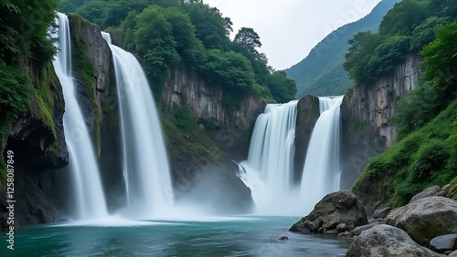 Cascading waterfalls in green valleys and picturesque landscapes