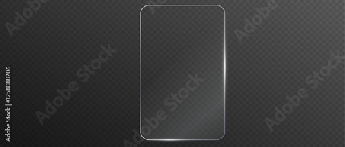 Glass plate on transparent background. Realistic screen glass, window mockup, clear glass showcase, glossy plastic glare frame, acrylic with glares and light, clear rectangular plate, plexiglas, 3d.