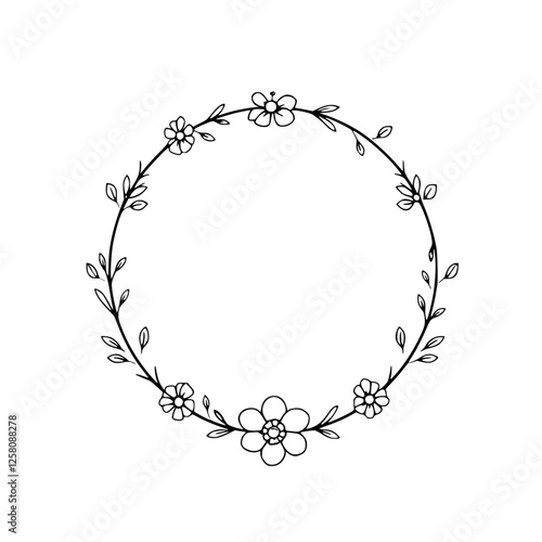 Hand-drawn circular wreath, simple, minimal, composed of flowers, leaves and vines.