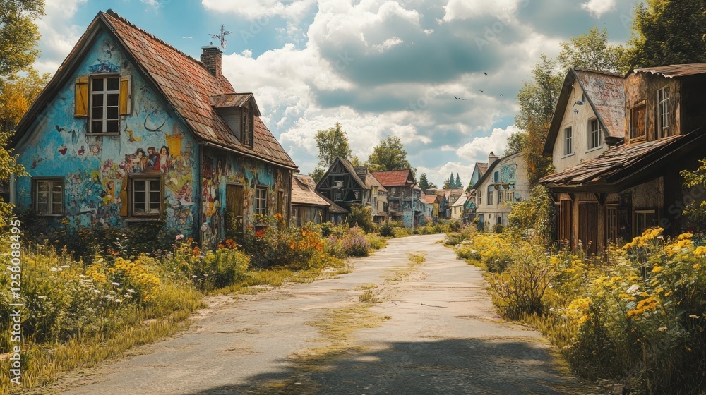 Obraz premium Overgrown road, quaint painted houses, village scene.