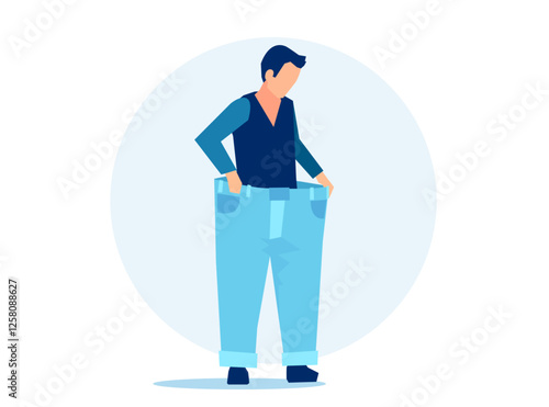 Diet, weight loss concept. Young man trying  her old jeans after successful diet. 