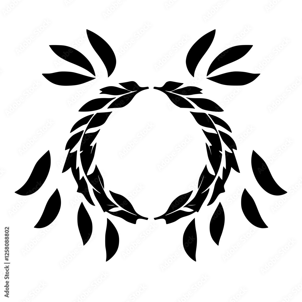 Obraz premium Simple Floral Wreath with Leaves, Black and White Silhouette on White Background.