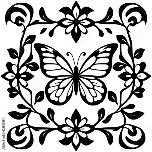 Butterfly and floral frame: Black and white, ornate design, detailed, decorative.