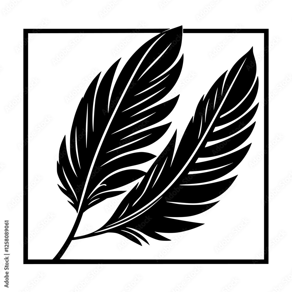 Obraz premium Two stylized feathers, rendered in bold black lines, enclosed within a square frame, contrasted against a white backdrop.