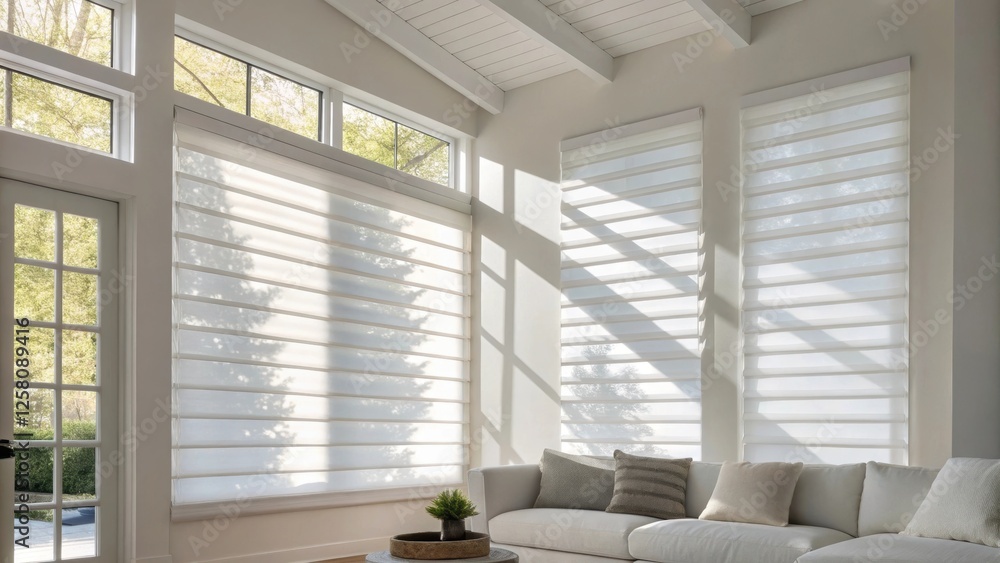 Fototapeta premium A medium closeup of a modern living room featuring sleek white motorized shades with sunlight filtering through and casting soft shadows on the walls.