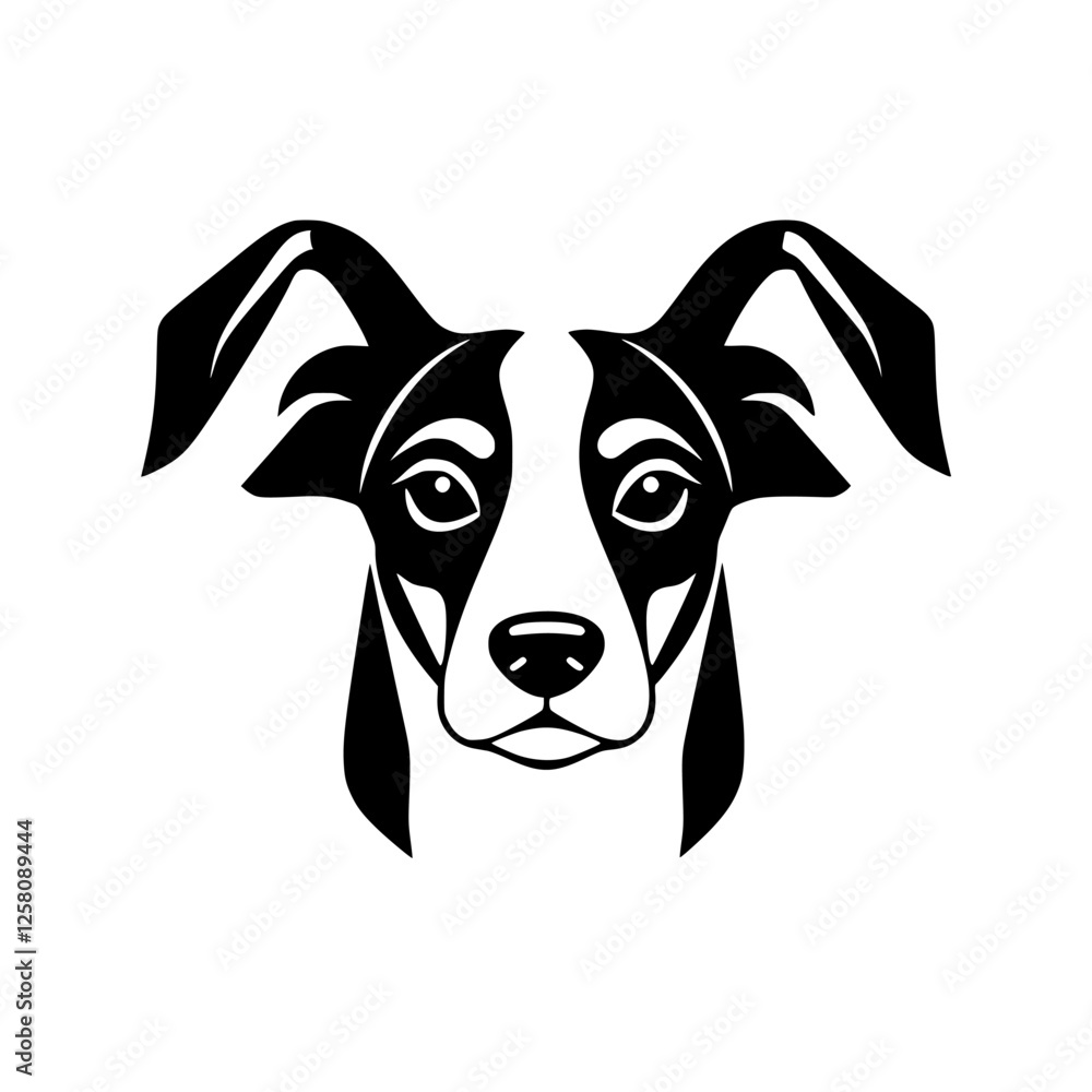 Stylized Black and White Border Collie Head Silhouette, White Background, Minimalist Design. Stylized Black and White Border Collie Head Silhouette, White Background, Minimalist Design.