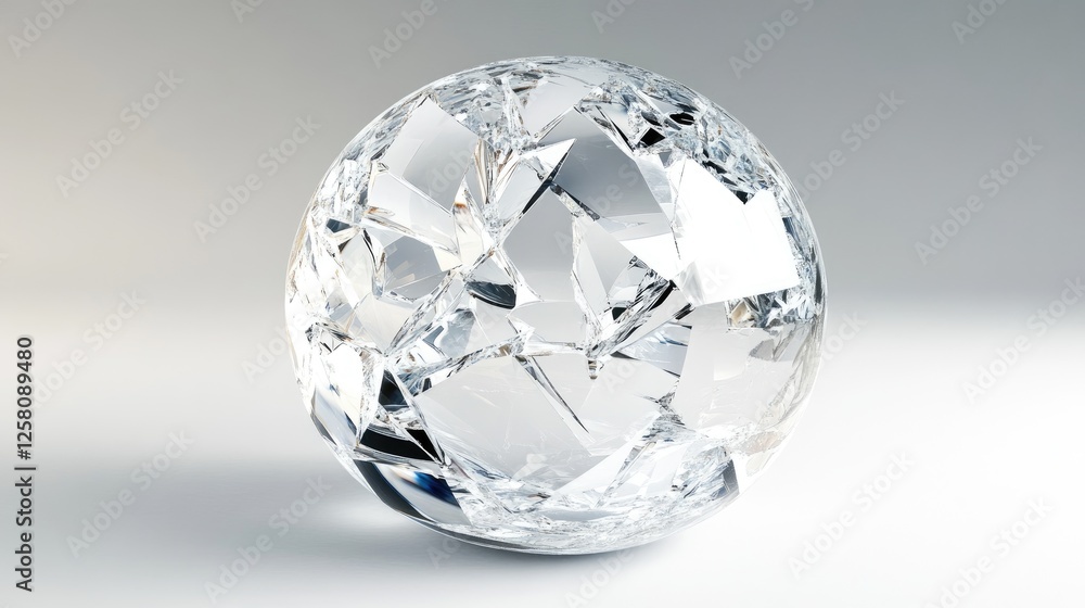A shattered crystal sphere with sharp fragments floating in mid-air, creating a captivating visual of fragility and elegance against a soft light grey background. A shattered crystal sphere with sharp fragments floating in mid-air, creating a captivating visual of fragility and elegance against a soft light grey background.