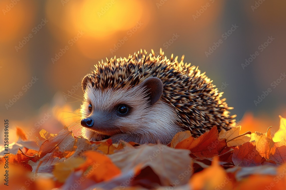 Fototapeta premium Adorable Hedgehog Among Autumn Leaves During Sunset