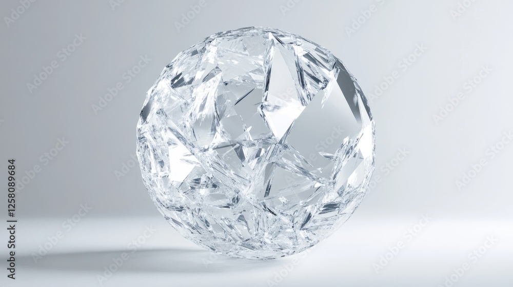 A shattered crystal sphere with sharp fragments floating in mid-air, creating a captivating visual of fragility and elegance against a soft light grey background. A shattered crystal sphere with sharp fragments floating in mid-air, creating a captivating visual of fragility and elegance against a soft light grey background.
