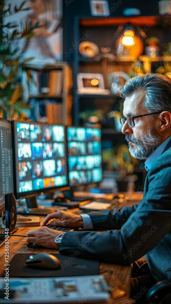 focused middle-aged man joining a virtual conference at his desk with dual monitors. Selective focus. focused middle-aged man joining a virtual conference at his desk with dual monitors. Selective focus.
