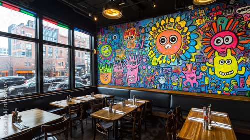 Cozy restaurant interior featuring a colorful mural, wooden tables set for dining, and a cityscape view through the window _ai
