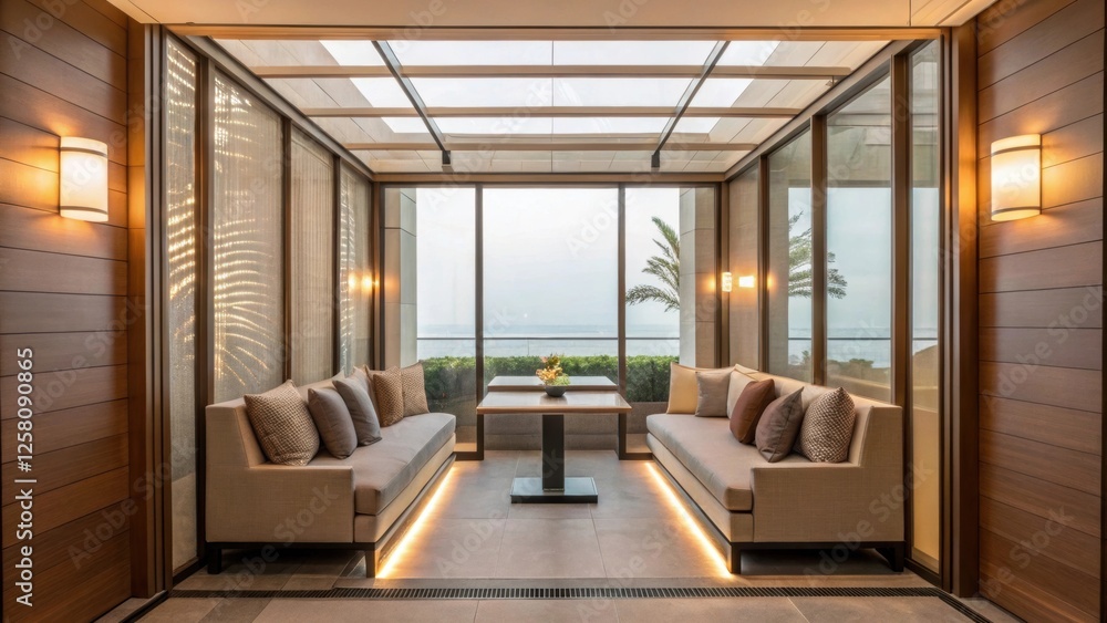 Naklejka premium A medium closeup of a serene lounge area featuring a glass partition that creates a cozy nook without closing off the space illuminated by natural light streaming through the