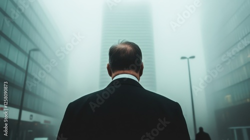 Fototapeta Naklejka Na Ścianę i Meble -  A businessman in a suit stands against a foggy city backdrop, symbolizing the disorientation and uncertainty often found in modern urban life.