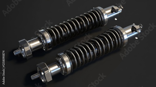 Car Shock Absorbers Pair. Vehicle Suspension Components with Springs. Automotive Spare Part Concept photo