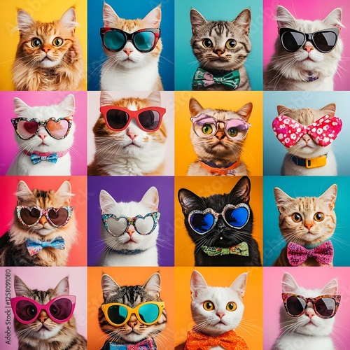 Wallpaper Mural Funny Cat Meme Collage with Accessories, colorful vibrant image grid collection Torontodigital.ca