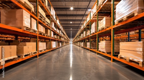Logistics operations in a warehouse industrial facility medium shot organized environment center perspective supply chain management