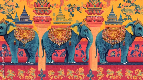 Colorful elephant mural, vibrant and artistic design featuring elephants in bright hues with floral accents, ideal for inspiring creativity. photo