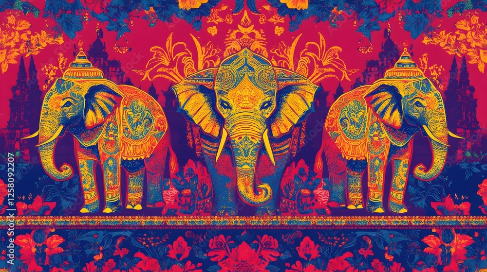 Obraz premium Colorful elephant mural, vibrant artwork with intricate patterns, highlights cultural significance, ideal for creative spaces.