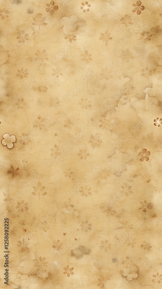Aged parchment paper background featuring a repeating pattern of beige floral and geometric designs. The texture is slightly rough, giving an antique look.