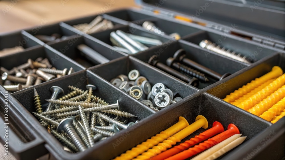 A medium closeup of a wellorganized toolbox filled with various screws anchors and fasteners emphasizing the importance of preparation in cabinetry projects. A medium closeup of a wellorganized toolbox filled with various screws anchors and fasteners emphasizing the importance of preparation in cabinetry projects.