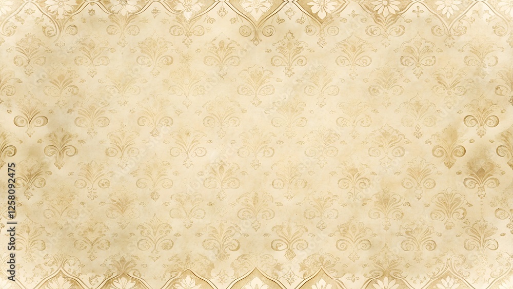 Aged parchment paper background featuring a repeating pattern of beige floral and geometric designs. The texture is slightly rough, giving an antique look.