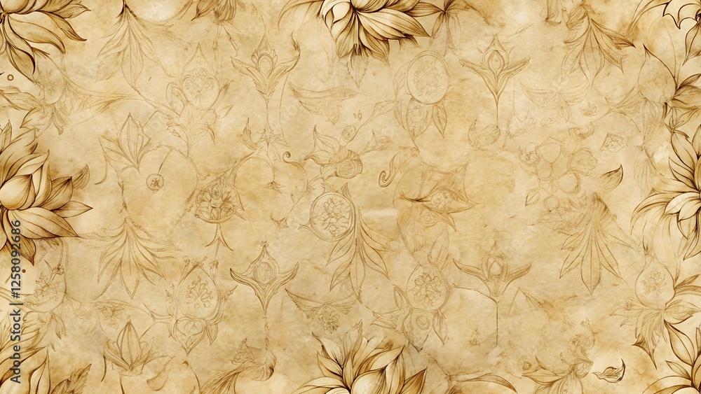 Aged parchment paper background featuring a repeating pattern of beige floral and geometric designs. The texture is slightly rough, giving an antique look.