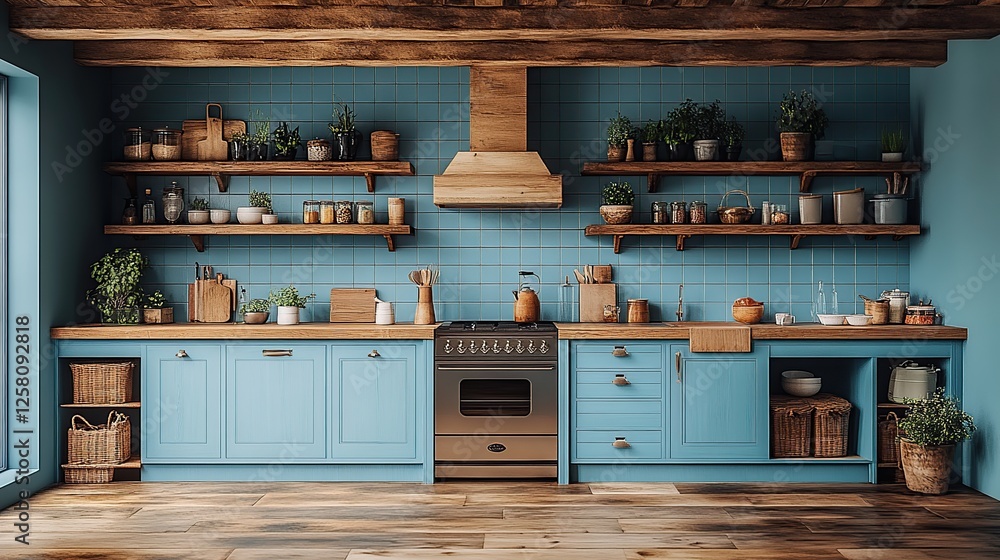 Rustic blue kitchen interior design, wood shelving, plants, natural light, home decor Rustic blue kitchen interior design, wood shelving, plants, natural light, home decor