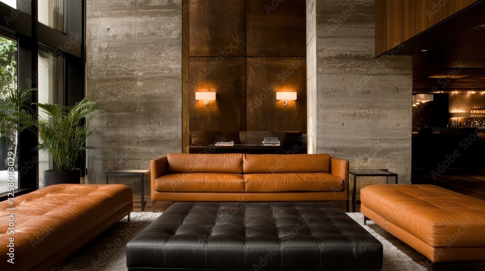 A sophisticated lounge area showcasing sleek leather furniture, contrasting textures, and minimalistic design for a warm yet contemporary atmosphere inviting relaxation. A sophisticated lounge area showcasing sleek leather furniture, contrasting textures, and minimalistic design for a warm yet contemporary atmosphere inviting relaxation.