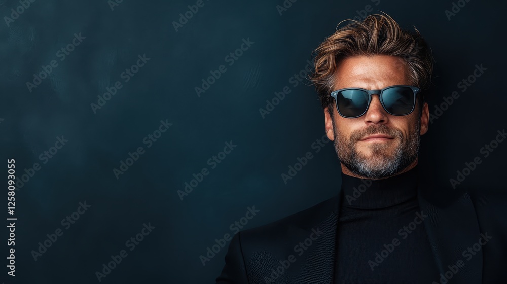 Fototapeta premium A stylish young man in sunglasses embracing a relaxed pose, showcasing modern fashion sensibility and effortless confidence against a rich blue background ideal for fashion narratives.