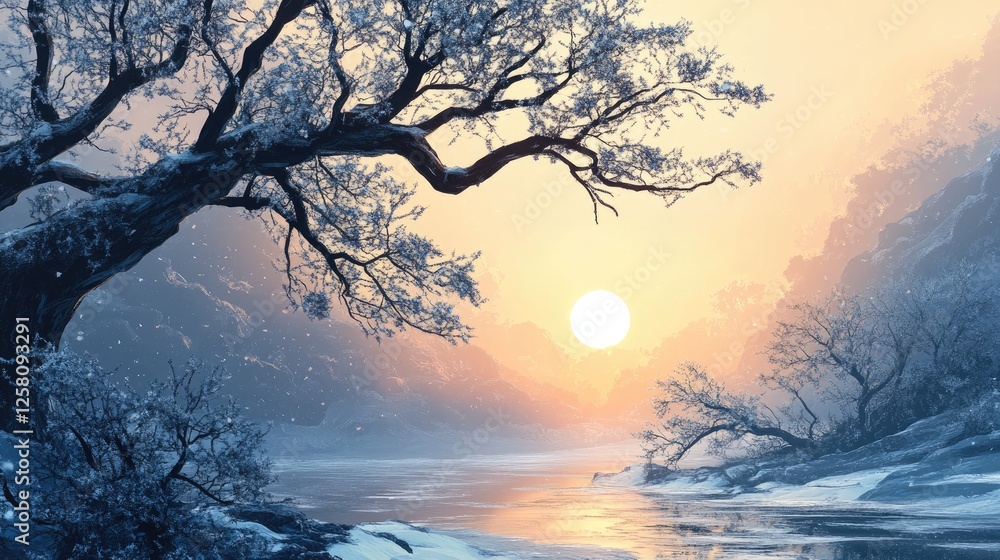 A tranquil winter sunrise with icy tree branches glistening in the soft sunlight. A tranquil winter sunrise with icy tree branches glistening in the soft sunlight.