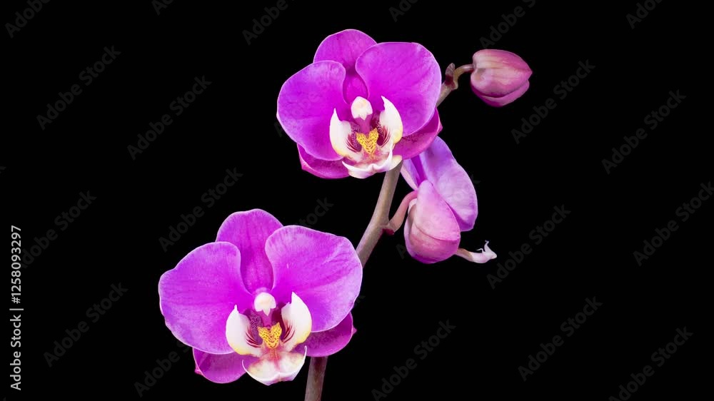 Orchid Blossoms. Blooming Purple Orchid Phalaenopsis Flower on Black Background. Time Lapse. 4K. Orchid Blossoms. Blooming Purple Orchid Phalaenopsis Flower on Black Background. Time Lapse. 4K.