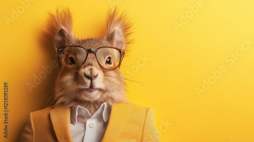 An adorable anthropomorphic squirrel with glasses wearing a bright yellow suit, displaying charm and whimsy set against a matching yellow background. photo